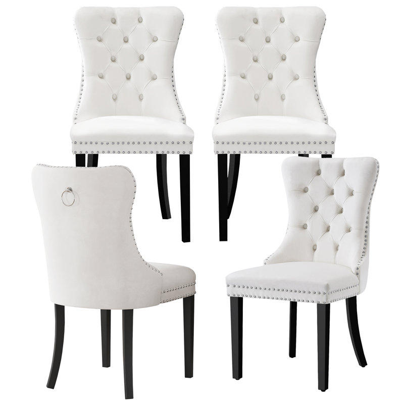 High-End Tufted Dining Chair Set, Velvet Upholstery With Nailhead Trim And Back Pull Ring, Solid Wood Legs, 4, White