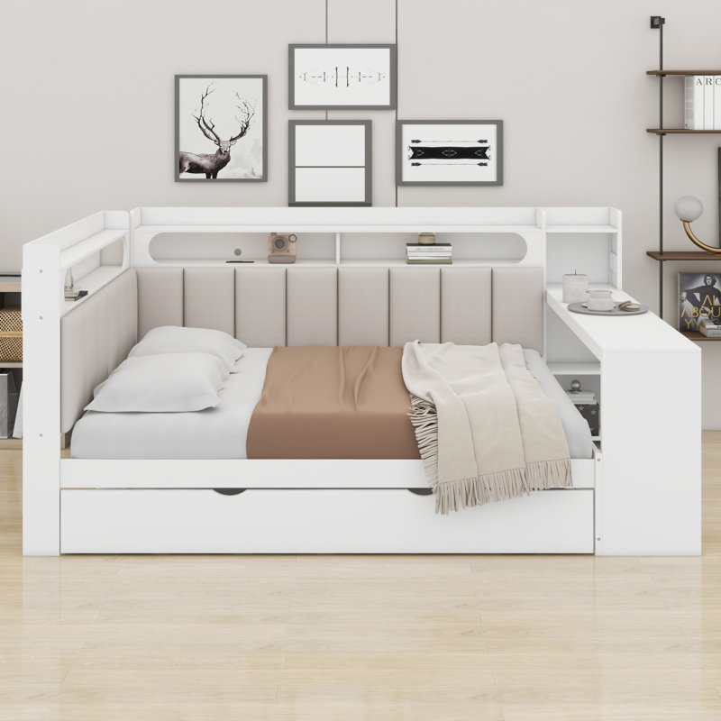 Modern Daybed with Trundle, Charging Station, LED Light, Desk and Storage Shelves, White+Beige