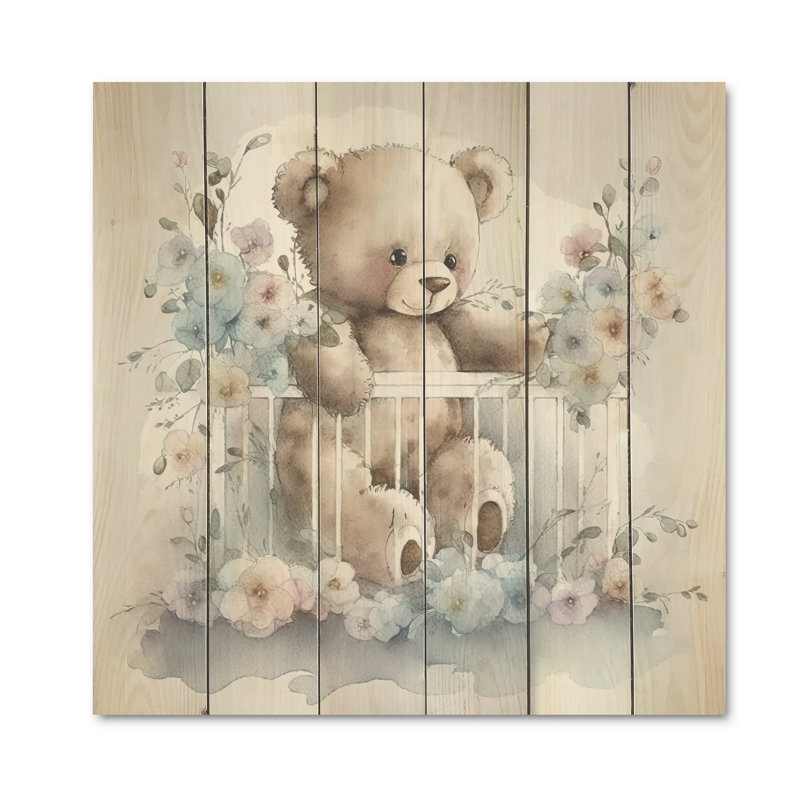 Ours en peluche Olga dans un lit de bébé avec fleurs II - impression sans cadre sur bois, H 36 po x l 36 po x P 1,5 po