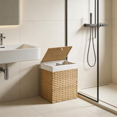 Panier à linge en osier avec couvercle, panier à linge pliable de 90 L (24 gallons) avec doublure amovible et lavable à la machine à 2 sections et poignées, panier à linge en rotin jaune pour l'organisation et le rangement