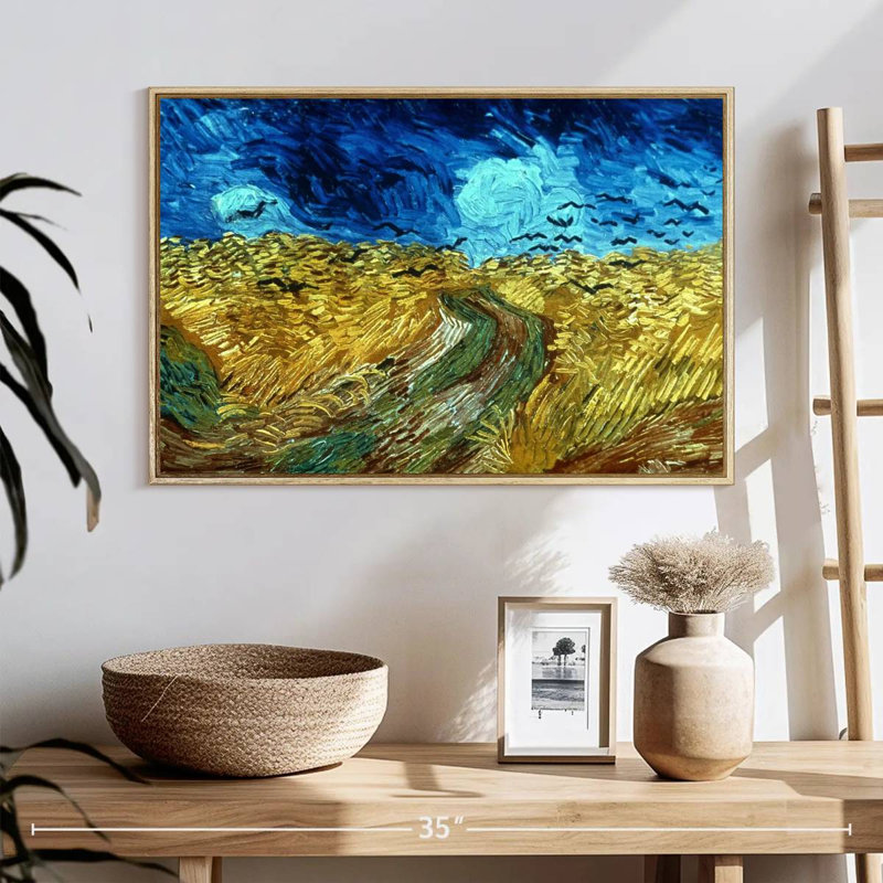 Champ de blé avec corbeaux 1890, 25 po x 17 po, Cadre flottant en bois naturel
