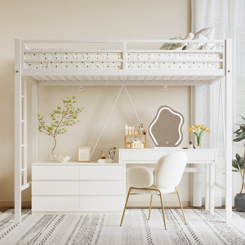 Modern Metal Loft Bed With Full-Length Guardrails And Integrated Ladder, White