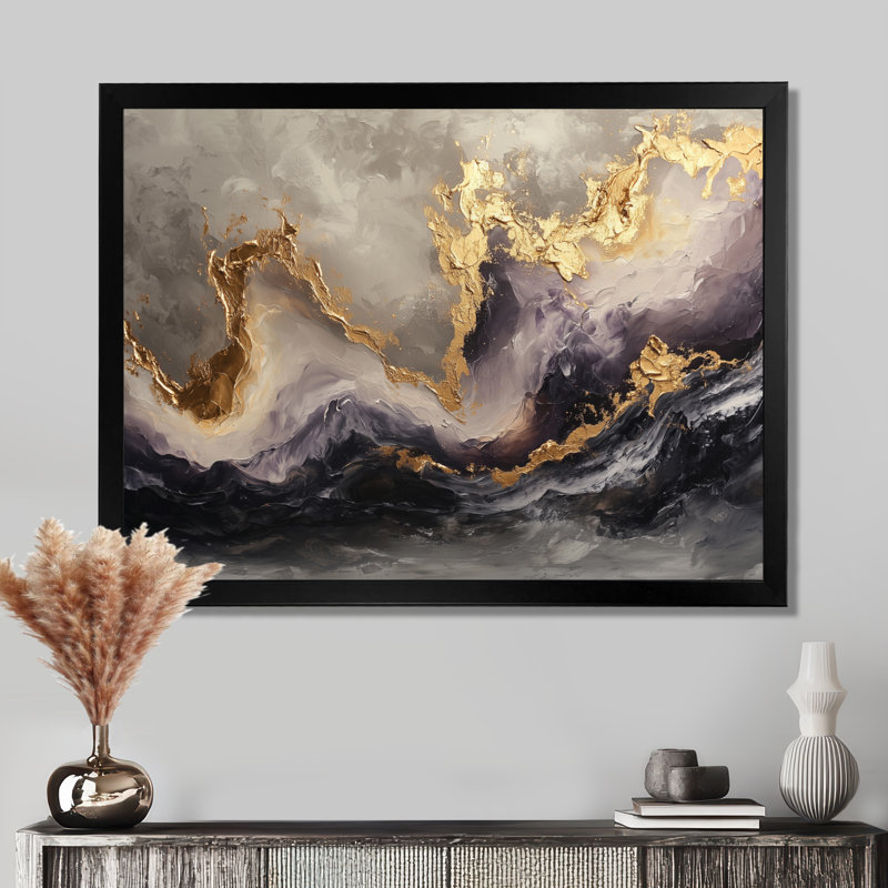 Ethereal Echo Golden Cosmos Reverie - Art mural abstrait en marbre, Cadre simple, Noir, H 12 po x l 20 po
