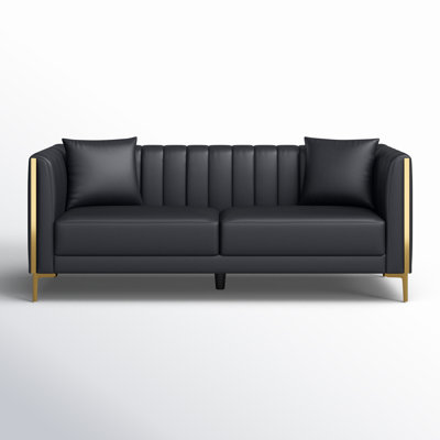 Dreiling 77.6"W Faux Leather Tuxedo Arm Sofa, 3 Seat Sofa with 2 Throw Pillows