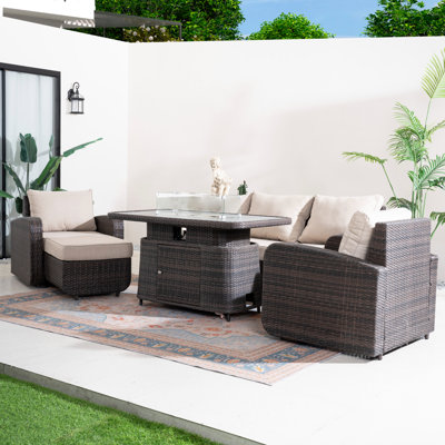 6 - Person Outdoor Wicker Fire Pit Patio Dining Set With Cushions