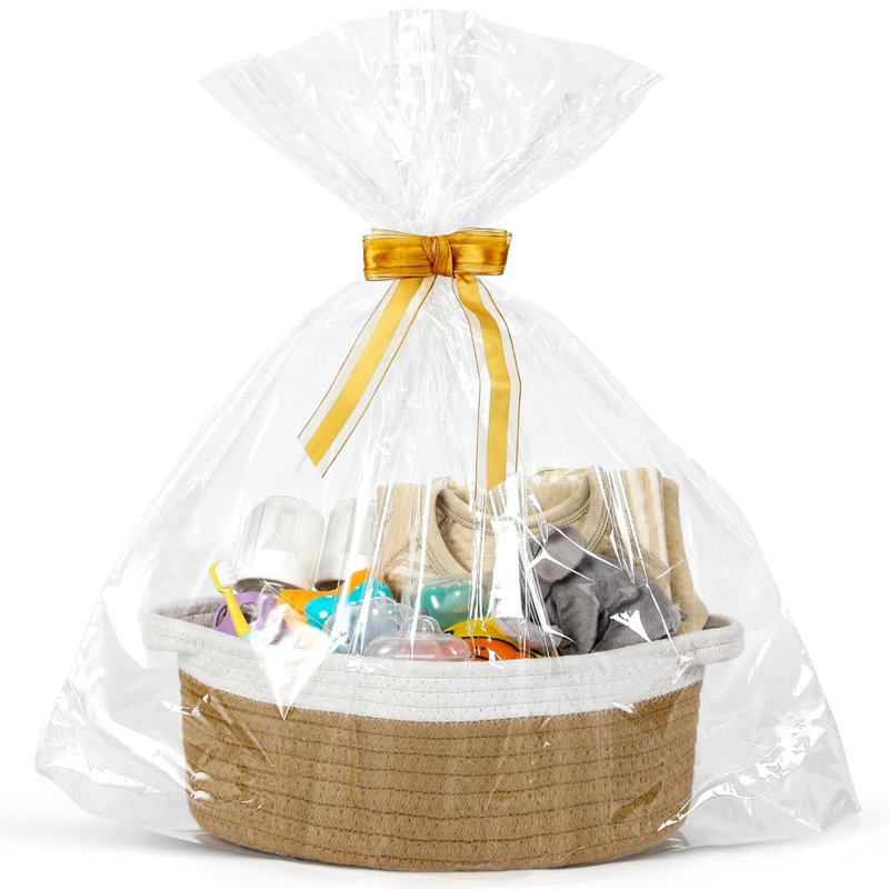 Small Woven Basket With Gift Bags And Ribbons, Empty Decorative Gift Chest Box, Cute Baby Gift Basket For Nursery, Cotton Rope Room Shelf Storage Basket With Handles, 12"X 8"X 5"