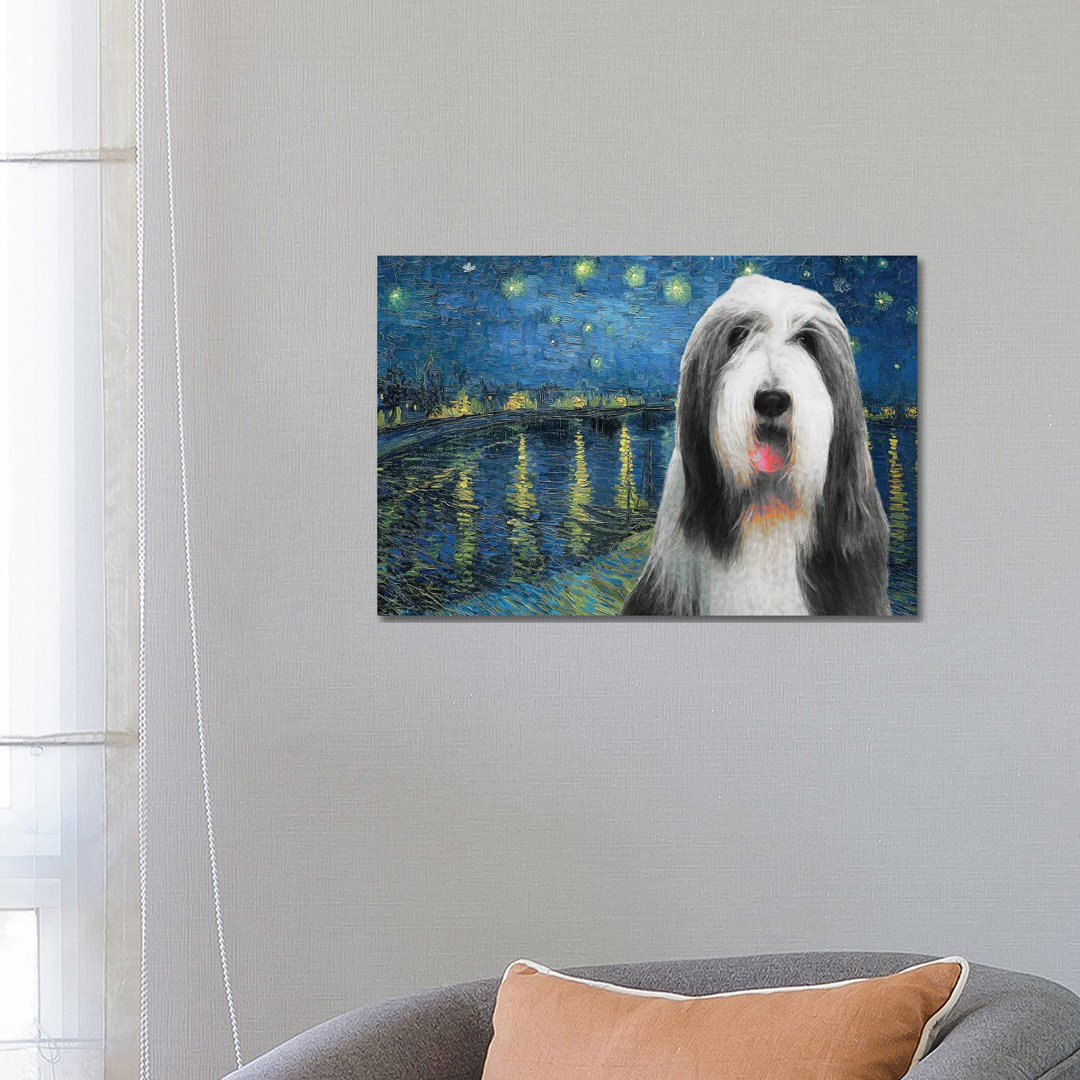 Bearded Collie Sternennacht über der Rhone - Kunstdrucke auf Leinwand