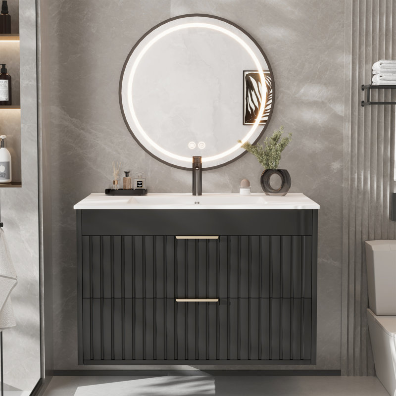 Meuble-lavabo de salle de bain avec lavabo, armoires flottantes murales avec 2 tiroirs cannelés et poignée en métal, lavabo en céramique intégré pour appartement, maison