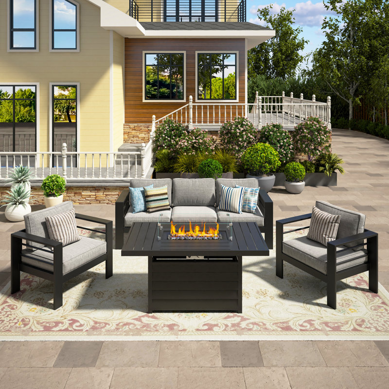 4 Piece Sofa Seating Group With Cushions And 55' Fire Pit Table, Gray