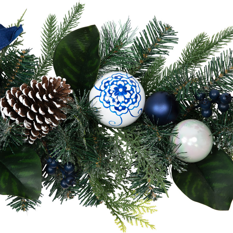 Frosted Pine With Blueberries Bows And Ornaments Christmas Garland - 6' X 8" - Unlit