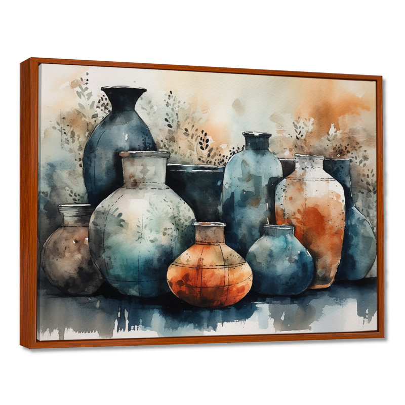 Art mural bleu et orange Kamani - art mural Boho Pottery II, H 30 po x l 40 po x P 1,5 po, Cadre flottant brun