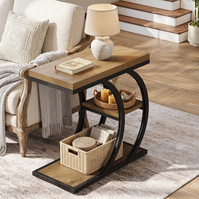 Table de bout naturelle en forme de C avec tablettes de rangement, table d'appoint étroite à 3 niveaux pour le salon, la chambre à coucher et les petits espaces