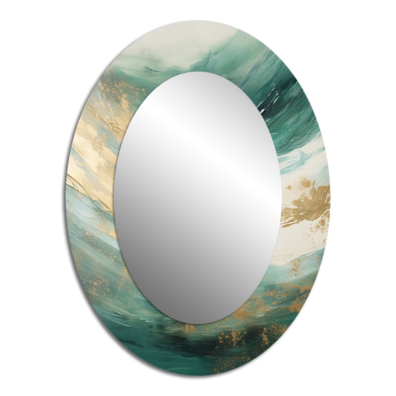 Doré et vert Soft Wave Fusion - Miroir décoratif abstrait ovale sur métal, 40 po x 30 po