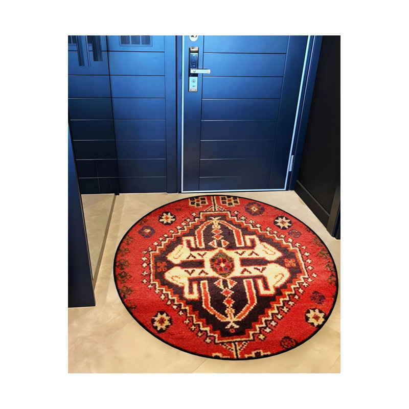 Orange Beige Themed Ethnic Motif Traditional Patterned Round Woven Base Vintage Decorative Carpet, Round 4'
