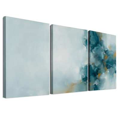 Ensemble de 3 toiles murales abstraites avec des coups de pinceau turquoise et or
