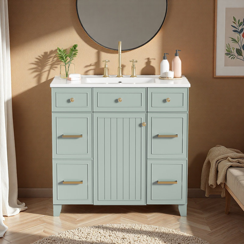 Meuble-lavabo 36 po avec lavabo en céramique, Vert, Doré