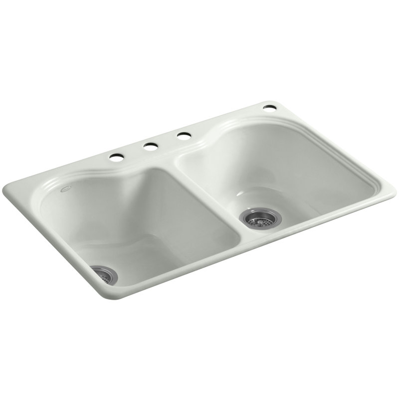 Hartland 33" L x 22" W x 9-5/8" Double Basin Drop-In Kitchen Sink, Sea Salt, 4 Hole
