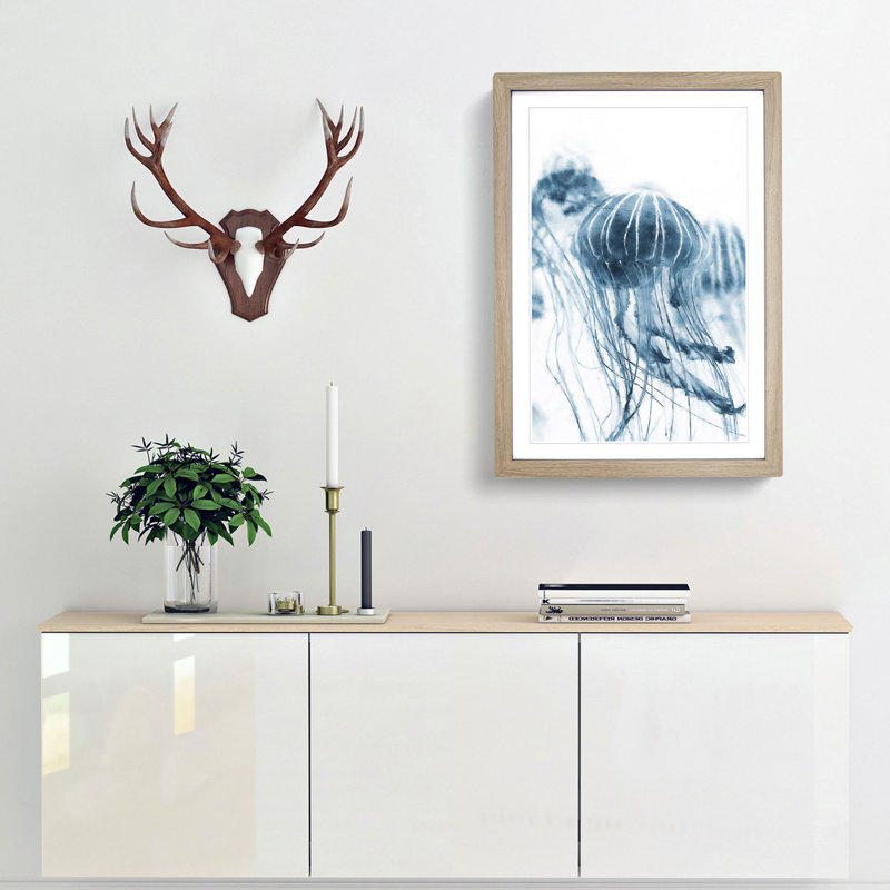 A Blue Jellyfish - Framed Print, 63cm H x 45cm W x 2cm D, Oak Framed