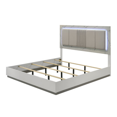 Mist King Bed – Two-Tone High-Gloss Marble & Lacquer Finish With LED Lighting, Padded Headboard (NJ Inventory)