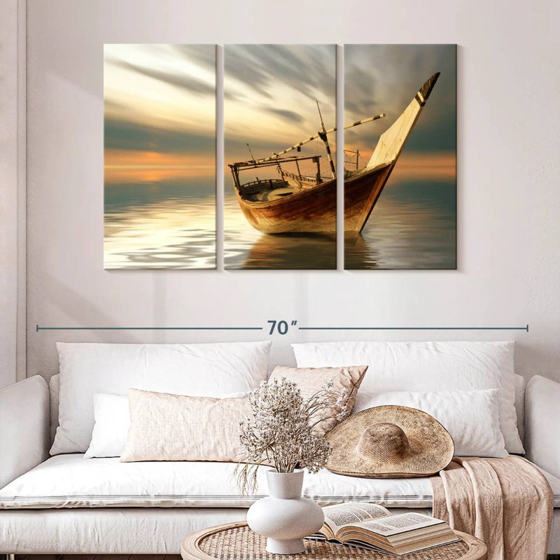 Bateau Mehar au coucher du soleil, H 32 po x l 50 po