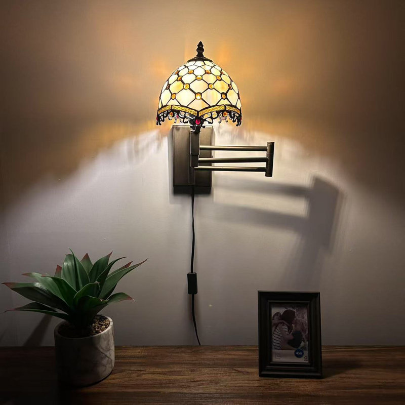 Tiffany Sconce Lamp Plug In Swing Arm Beige Stained Glass Crystal Beans LED Bulb 13”W*8”D*15”H