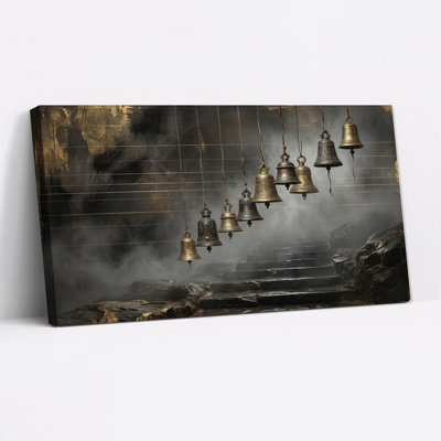 Antique Brass Bells Hanging Over Misty Stone Steps Canvas Wall Art