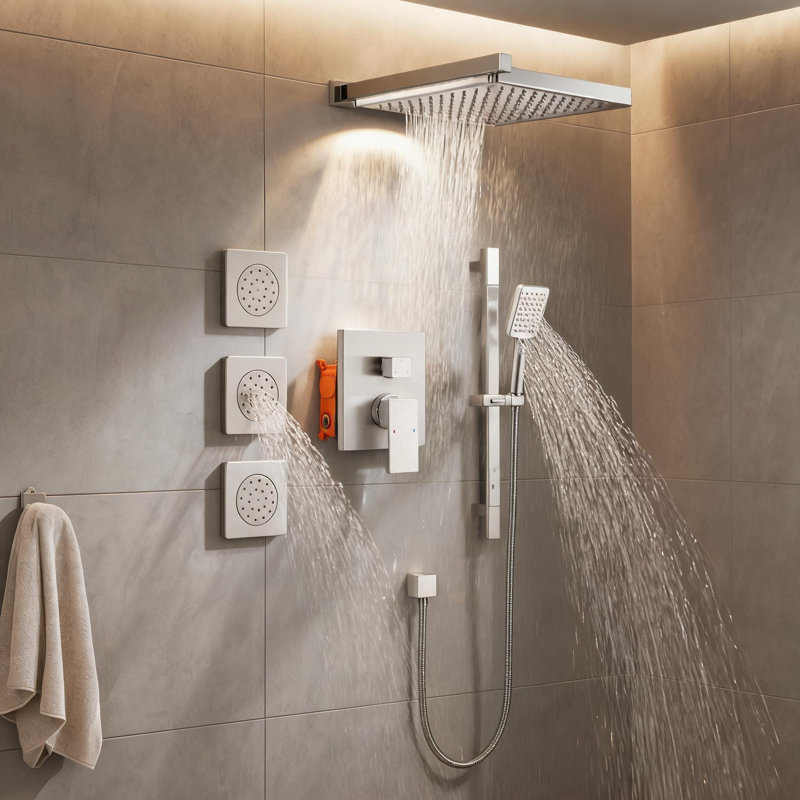 Système de douche mural complet en nickel brossé avec pomme de douche à main et barre de douche