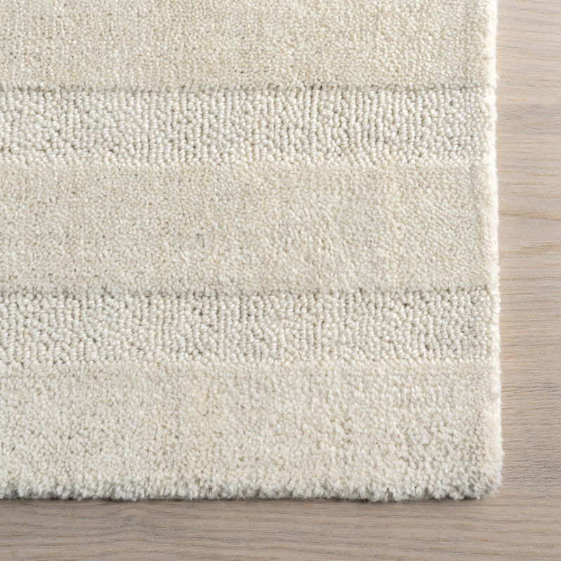 Ivory Striped Wool Handmade Tufted Rectangular Area Rug, 4' x 6'