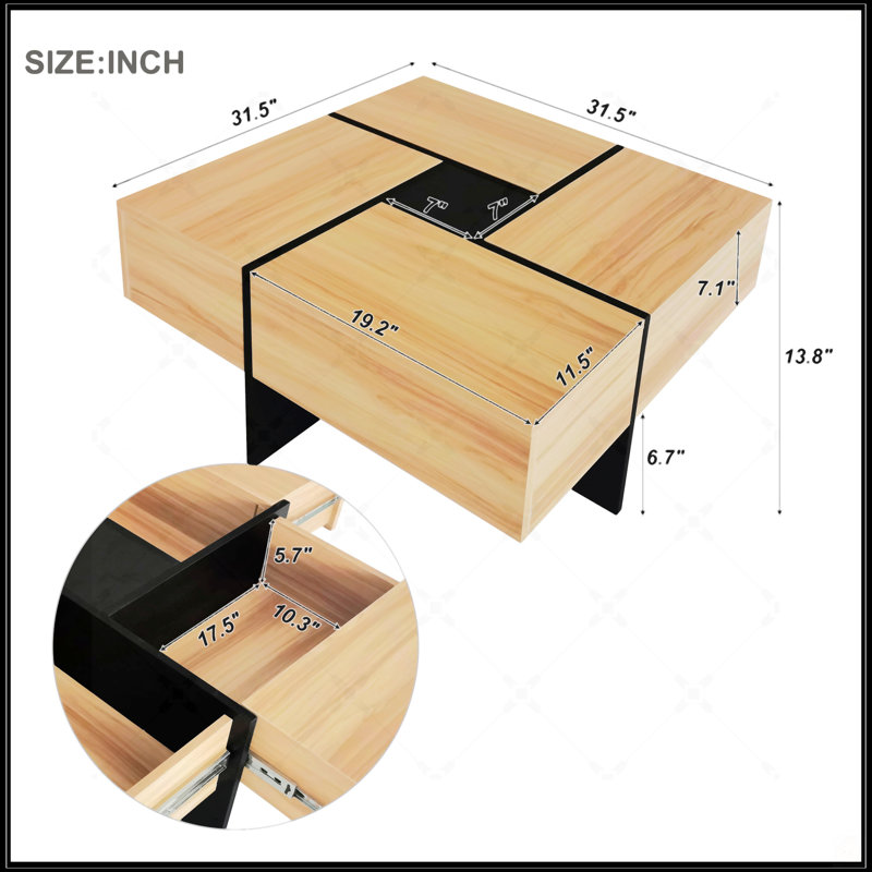 Table basse au design unique avec 4 compartiments de rangement cachés, Brun