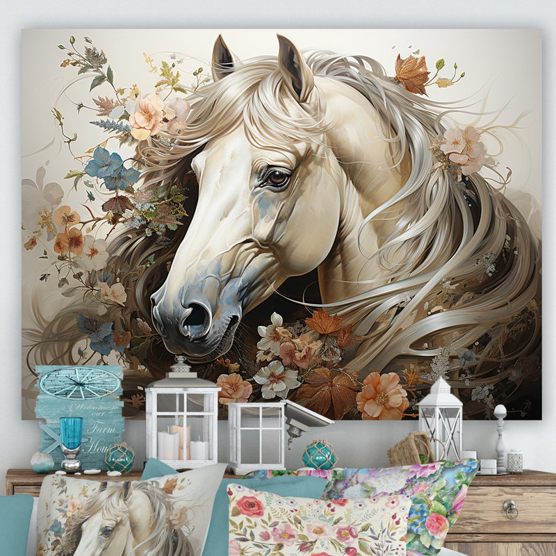 «Blooming Horse symbolism I» - art mural cheval, H 16 po x l 32 po x P 1 po, Toile tendue