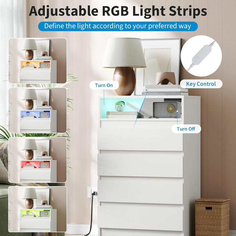 4 Drawer Double Dresser with Power Outlet Accent Chests of Drawers with LED Light Modern White Storage Dresser with Charging Station