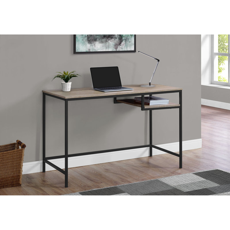Bureau d'ordinateur 48 po, finition bois taupe foncé, pieds en métal noir, travail contemporain moderne de 48 po, stratifié, métal, spacieux
