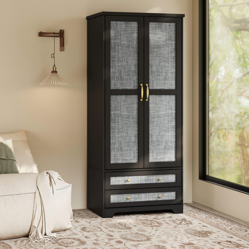 Armoire à deux portes de style rétro avec deux tiroirs, Noir et or