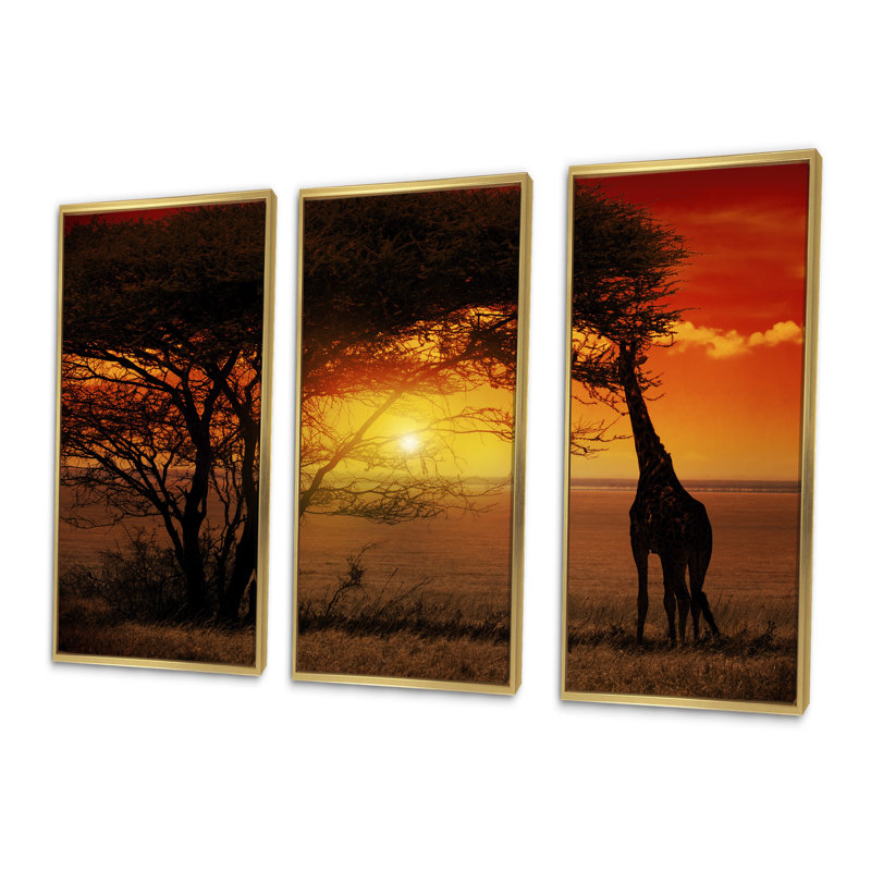 Typique coucher de soleil africain avec girafe - ensemble d'art mural sur toile encadré paysage, H 28 po x l 36 po x P 1 po