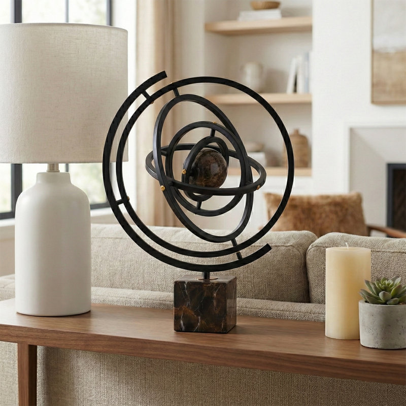 Decorative Circular Statue Sculpture with Metal Ring for Tabletop Decor - Modern Geometric Object for Living Room Decoration - 17", Brown