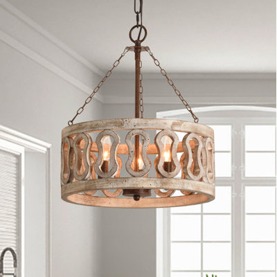 Lustre tambour en bois massif à 3 lumières Fenn avec chaîne de suspension au fini rustique pour salle à manger