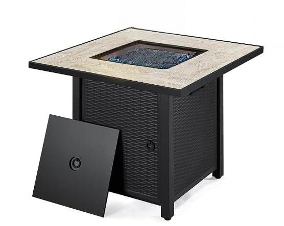 Table de foyer au propane carrée de 76 cm (30 po). Foyer extérieur 2 en 1 de 60 000 BTU avec couvercle en acier et pierres de lave. – Convient pour patio, terrasse et jardin.