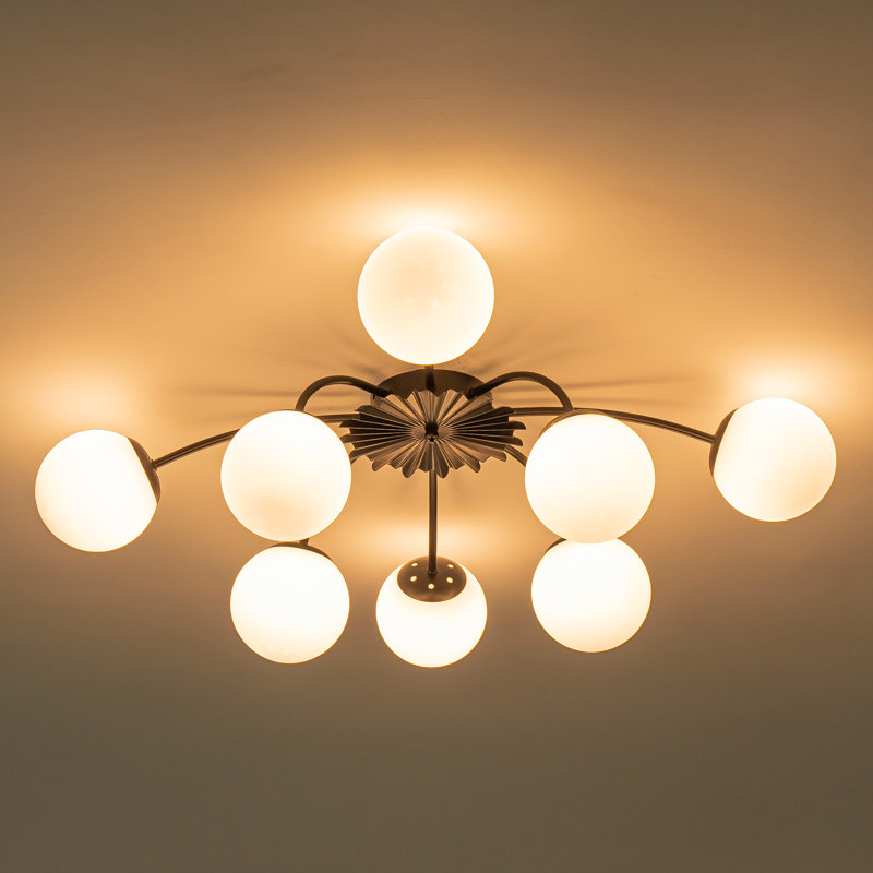 Black Frame Opal Glass Globe Blossom Flush Mount Ceiling Light, 9.4" H x 33" W x 33" D, 8 Lights