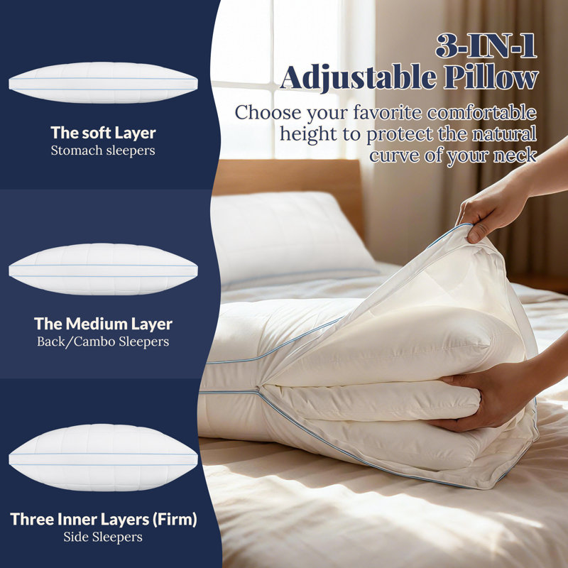 3-in-1 Adjustable Down Alternative Support Pillow, Queen, 2
