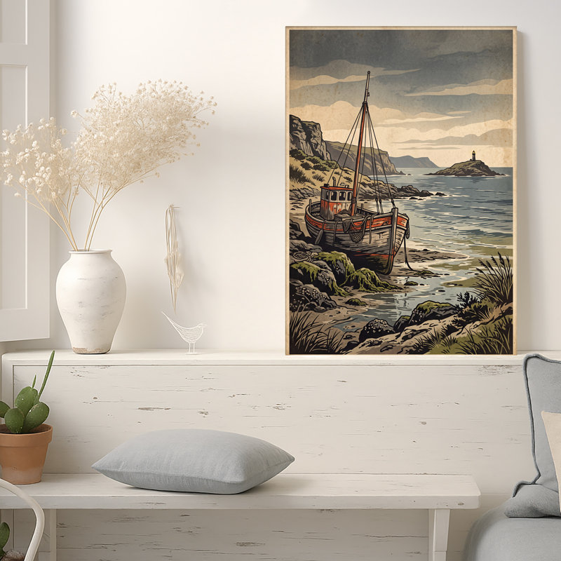 Art sur toile, bateau en bois orange gris sur une côte rocheuse près du phare, H 30 po x l 20 po
