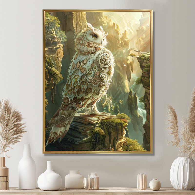 Hibou blanc majestueux dans les montagnes, Toile flottante dorée encadrée, H 32 po x l 16 po