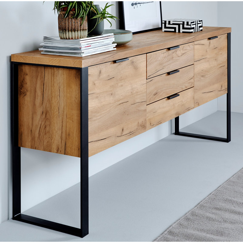 Draylen 70,87" Metal Frame Sideboard with 3 Drawers and 2 Doors, Core Oak