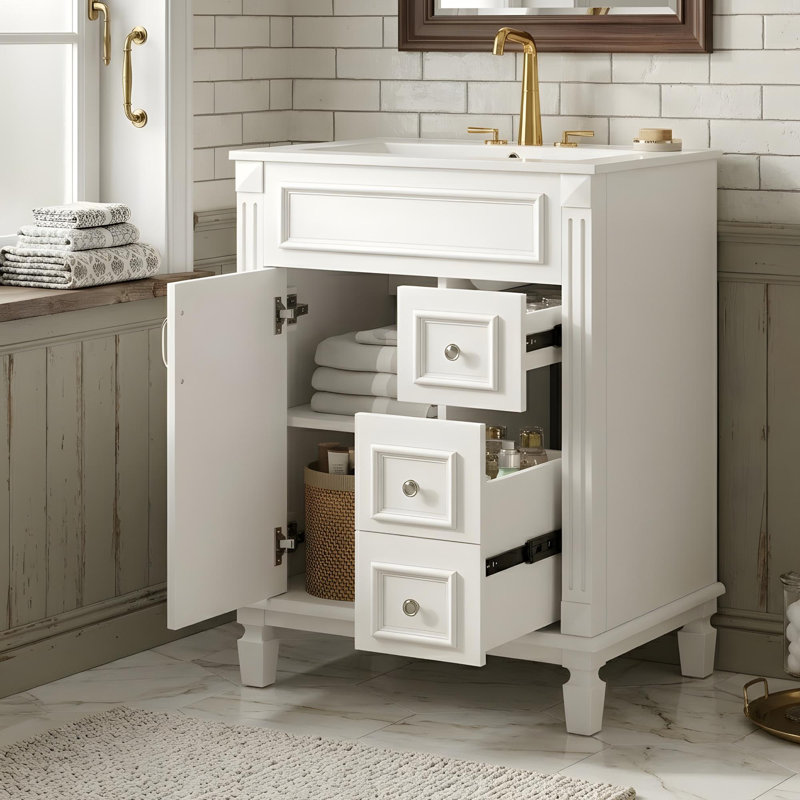 Meuble-lavabo de salle de bain avec lavabo en céramique et rangement polyvalent, Blanc, 24