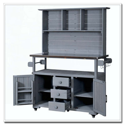 Grand banc de rempotage de jardin 65 po avec roulettes verrouillables, îlot de cuisine extérieur en bois avec plateau en acier inoxydable