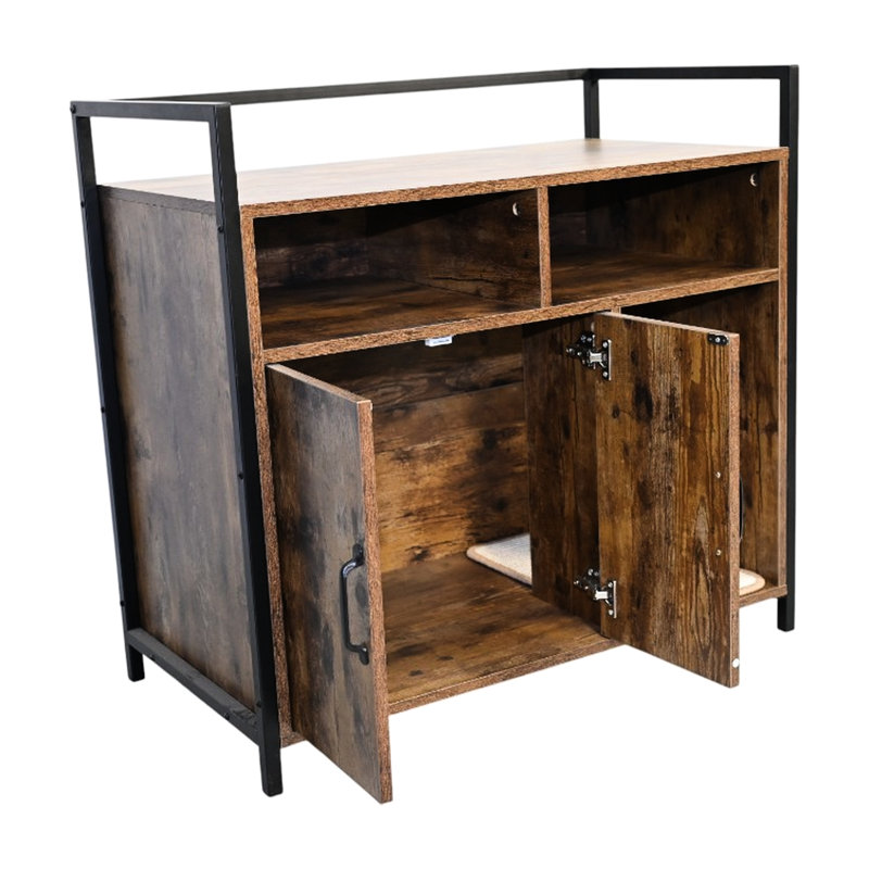 Spacious Rustic Brown Cat House, Hidden Litter Box, Scratching Mat, Entryways Enclosure, Heavy - Duty For Active Cats