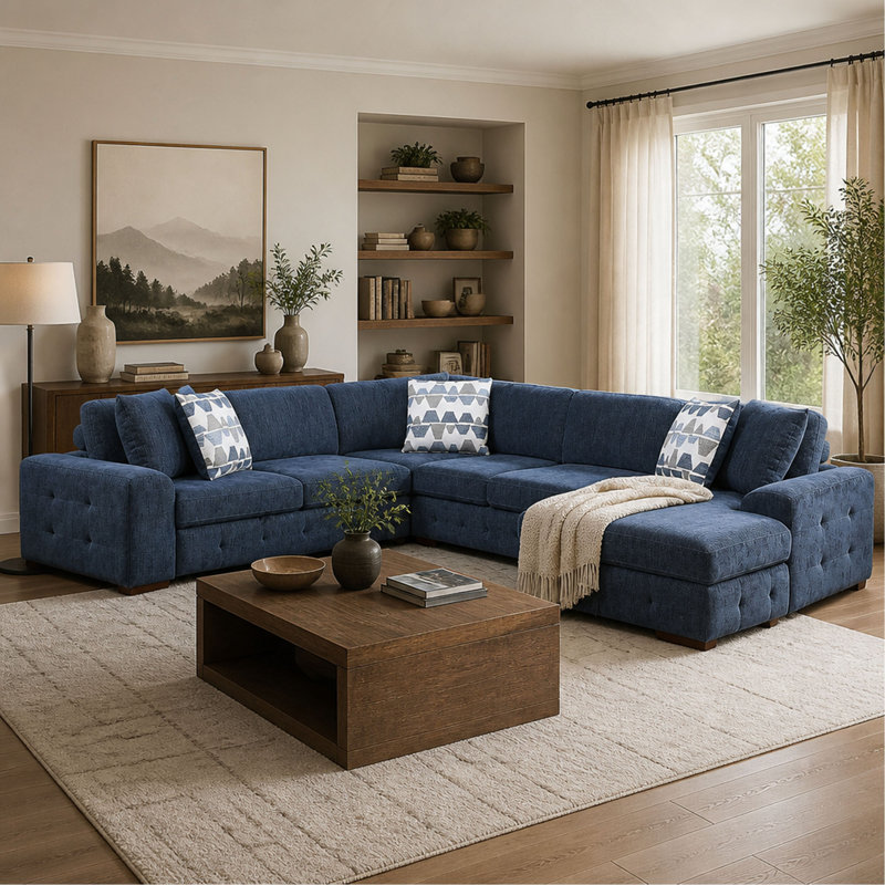 Canapé d'angle de 5 pièces avec méridienne à droite, pouf de rangement, lit gigogne et revêtement en chenille capitonnée pour salon