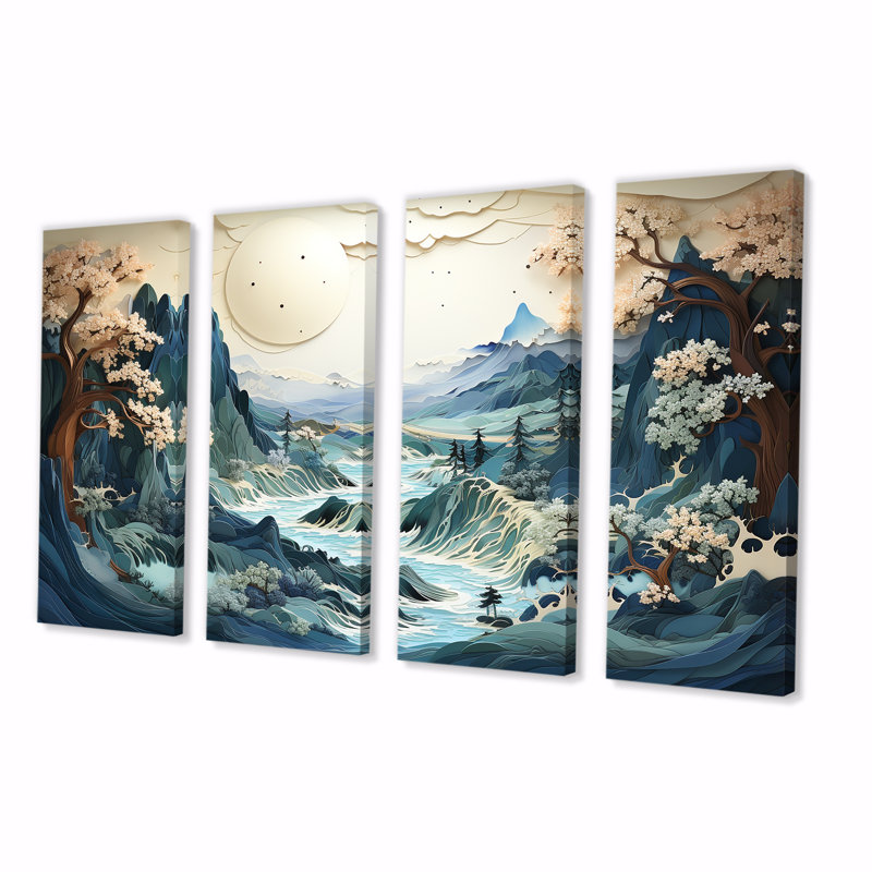 «Vintage Winter River In Japon II - Winter Landscape», ensemble de 4 pièces d'art mural, H 32 po x l 64 po