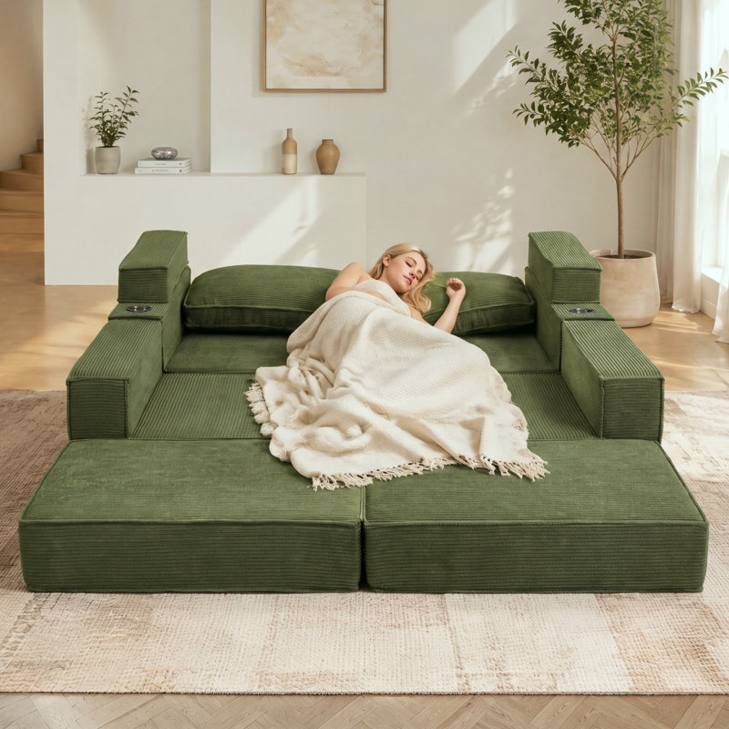 Canapé-lit 74,8 po 5-en-1, canapé-lit pliable en velours côtelé désossé, canapé convertible 2 places avec repose-pieds repose-pieds et poches latérales pour cinéma maison, salle de jeu, vert