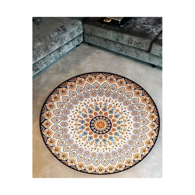 Tapis rond lavable à la machine moderne beige, Sous-tapis rond 3 pi 11 po inclus