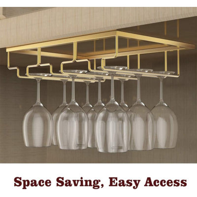 Wine Glass Rack, 3 Rows, Gold | Under Cabinet Stemware, Wine Glass Hanger Rack Holder, for Bar Kitchen Cabinet